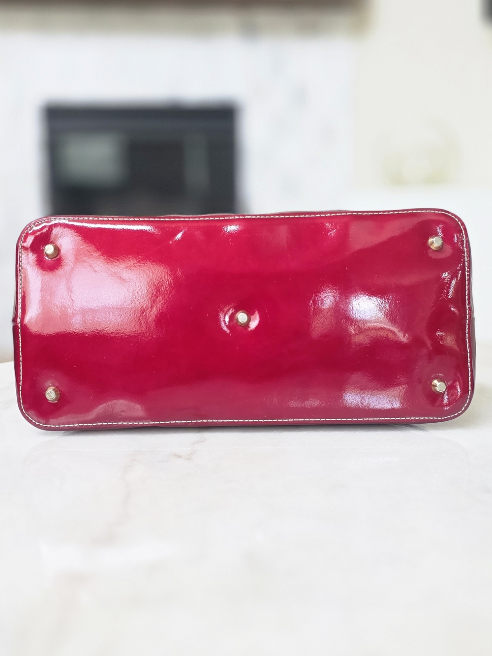 Arcadia Italian Patent Leather Monogram Zip Satchel in Cherry Red - Picture 6 of 15